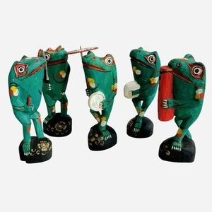Set of 6 Vintage Hand-Carved Hand-Painted Wooden Frog Figurines Indonesia 7”
